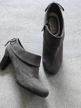 Caoch and Four Gray Suede Fold-Over Ankle Heeled Boot